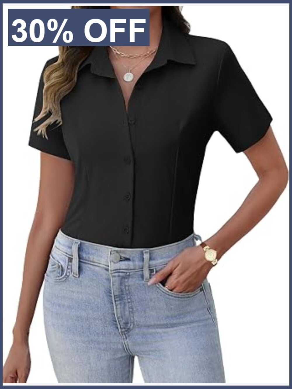 Women's Short Sleeve Button Down Shirt Slim Fit Blouse Business Oxford